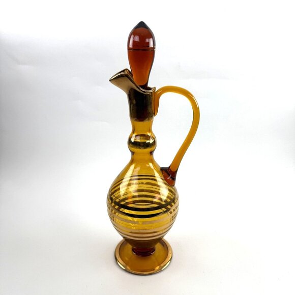 Beautiful Vintage Amber Glass Wine Decanter With Gold Stripes Retro MCM - Picture 1 of 9